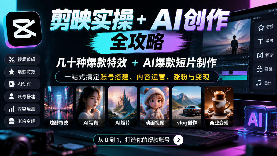 剪映实操+AI创作全攻略|几十种爆款特效+AI爆款短片制作,一站式搞定账号搭建、内容运营、涨粉与变现-站长V课