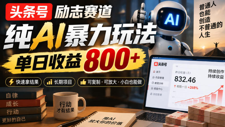 头条号励志赛道，纯AI暴力玩法，单日收益800+，快速拿结果，长期项目-站长V课