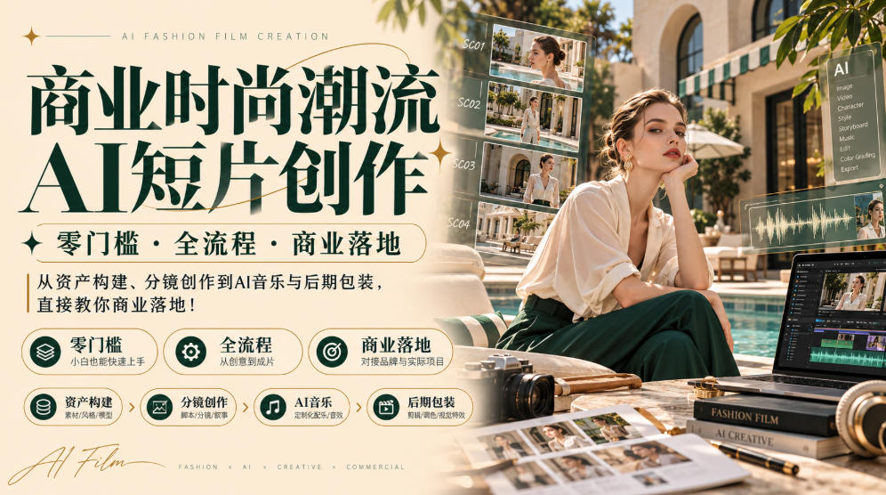 商业时尚潮流AI短片创作｜零门槛・全流程・商业落地，从资产构建、分镜创作到AI音乐与后期包装，直接教你商业落地！-站长V课