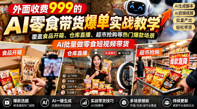 外面收费999的AI零食带货爆单实战教学，覆盖食品开箱、仓库直播、超市抢购等热门爆款场景，AI批量做零食短视频带货-站长V课