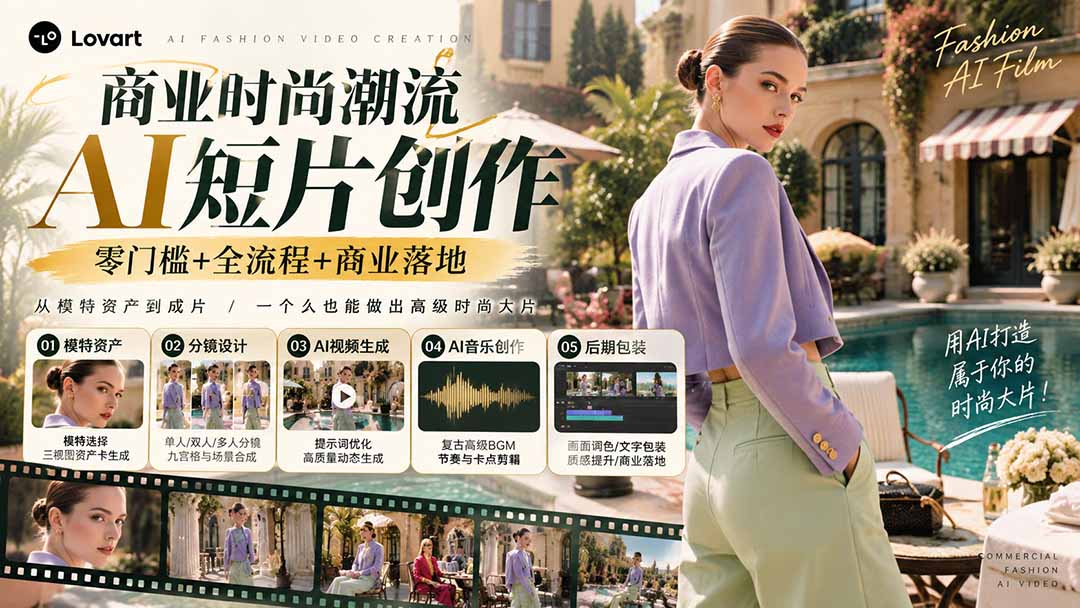 从一张模特图到高级时尚广告大片：AI三视图资产、场景合成、电影分镜、动态生成与复古音乐剪辑实战课-站长V课