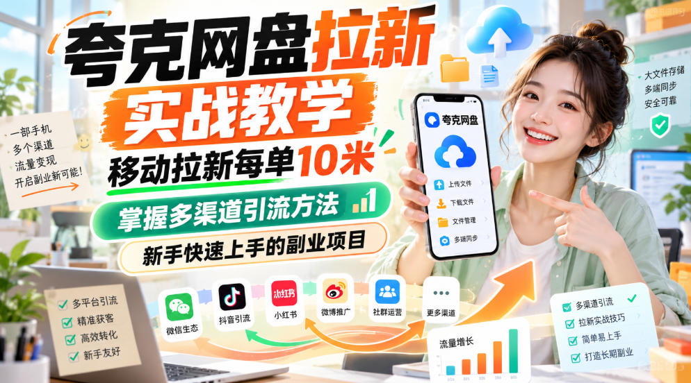 夸克网盘拉新实战教学，移动拉新每单10米，掌握多渠道引流方法，新手快速上手的副业项目(更新1017)-站长V课