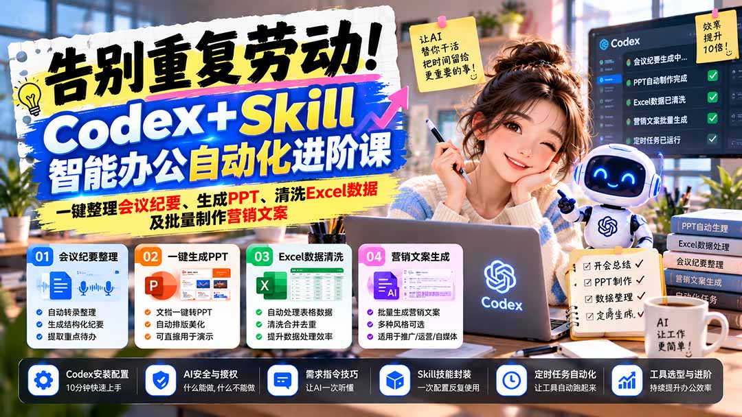 告别重复劳动！Codex+Skill智能办公自动化进阶课：一键整理会议纪要、生成PPT、清洗Excel数据及批量制作营销文案-站长V课