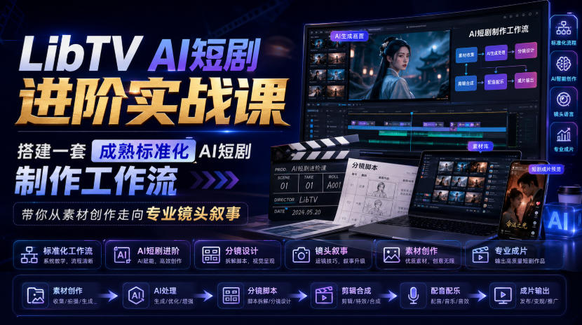 LibTV AI短剧进阶实战课，搭建一套成熟标准化AI短剧制作工作流，带你从素材创作走向专业镜头叙事(更新)-站长V课