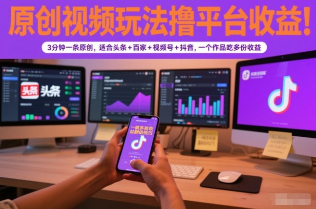 原创视频玩法撸平台收益,3分钟一条原创,适合头条+百家+视频号+抖音,一个作品吃多份收益