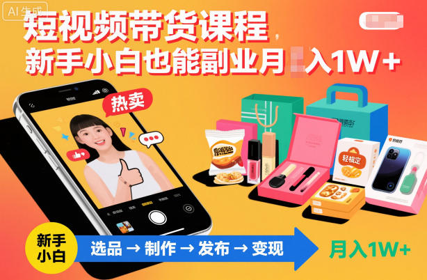 短视频带货课程，新手小白也能副业月入1W＋，轻松搞定-站长V课