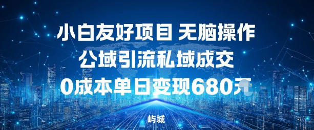 小白友好项目，无脑操作，公域引流私域成交，0成本单日变现680米