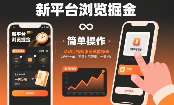 新平台浏览掘金，动动手指截张图就能挣米，2分钟一单，不限时不限量，一天5张【揭秘】